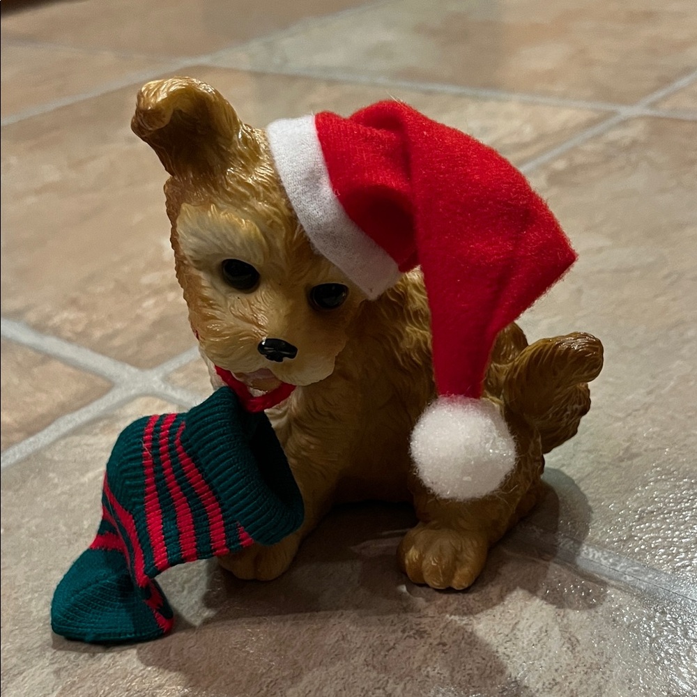 Festive 1980's Dog Figurine with Santa Hat